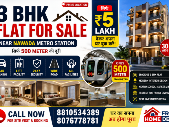 Premium 3 BHK Flat Near Nawada Metro Station@5 Lakhs down payments